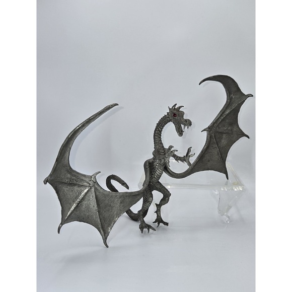 Signed Pewter Dragon Sculpture L.W. 1997 Red Glass Eyes Fantasy Art 13x11